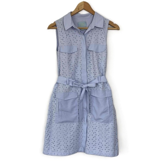 CeCe Cynthia Steffe Size 6 Shirt Dress Eyelet Sleeveless Collar Belted Pockets - Picture 3 of 14